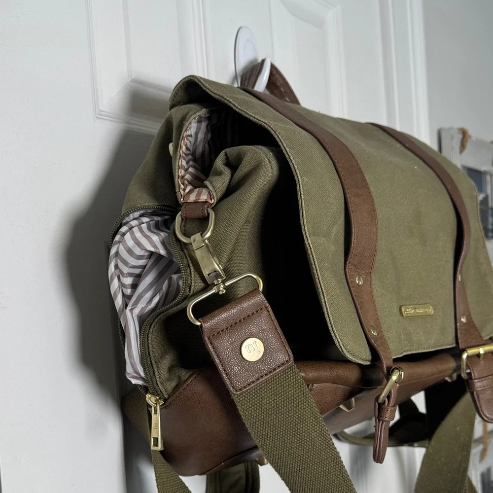 Little Unicorn Olive Canvas Leather Backpack Diaper Bag Waterproof Lining